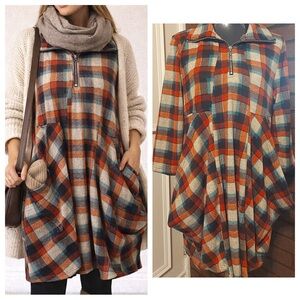 Plaid Tunic Dress M Cozy Artsy Lagenlook Fall Tunic Dress Pockets